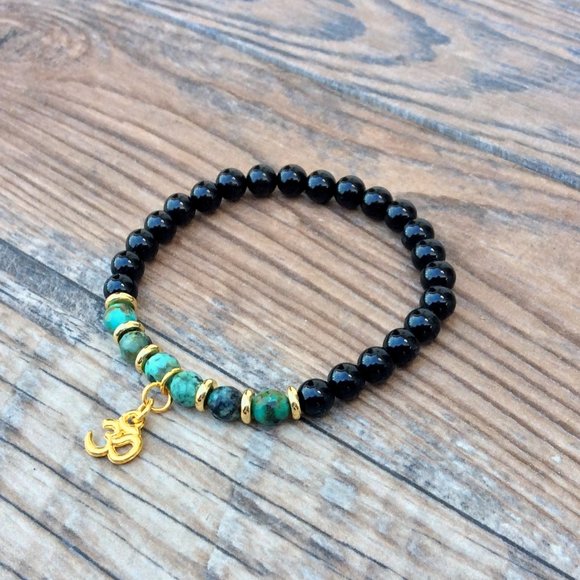 Om bracelet with Black Onyx & African Turquoise. Meditation, healing bracelet - Picture 5 of 10